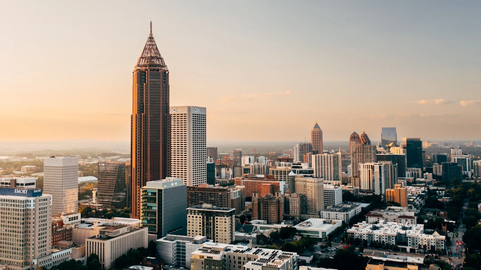 Downtown Atlanta Georgia skyline at golden hour with Bank of America Plaza