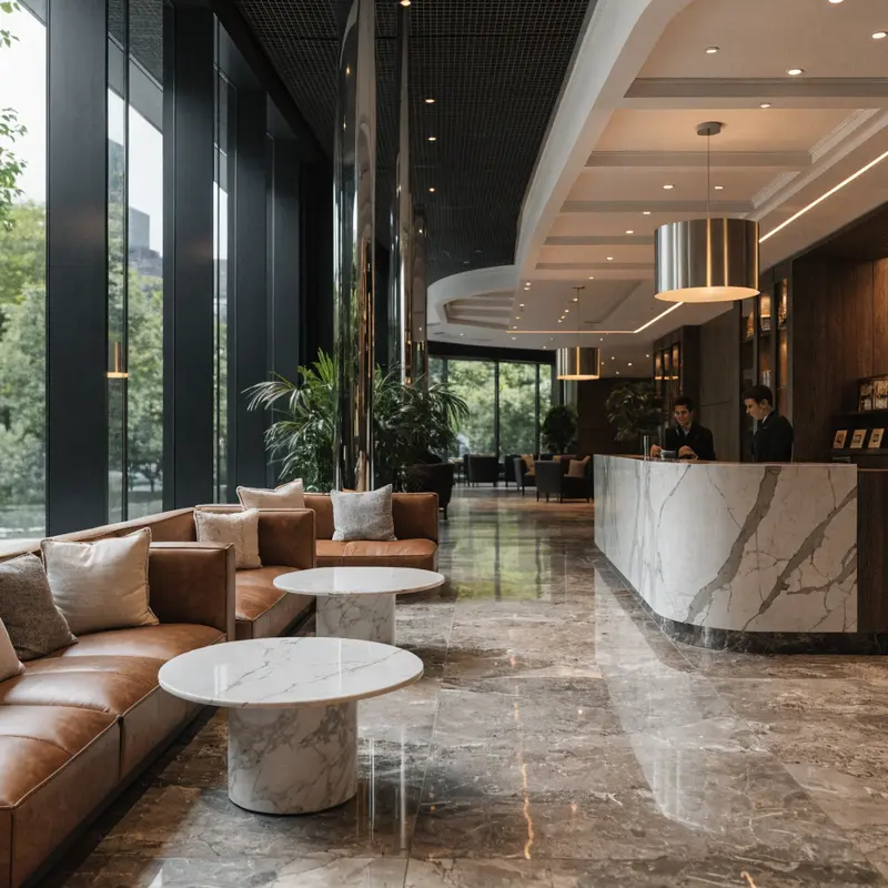Modern hotel lobby with front desk